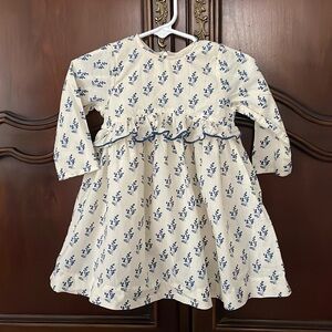 Pink Chicken Cream Dress with Blue Floral Print and Ruffle Waist